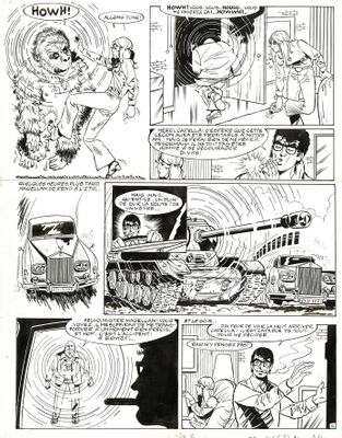 une page en noir et blanc tirée d'une bande dessinée, avec un personnage de bande dessinée en arrière-plan