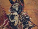 une image représentant un tableau où l'on voit un homme à cheval tenant une épée