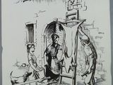 drawing of a man and a woman standing in front of a building