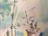 un tableau représentant une plante en pot posée sur un rebord de fenêtre