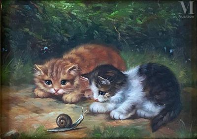 tableau représentant deux chats et un escargot dans un décor boisé