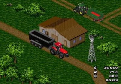 an image of a farm scene with a tractor and farm equipment