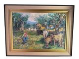 tableau à l'huile encadré représentant un agriculteur et son bétail dans un pâturage