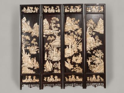 four paneled screen with asian scenes on it