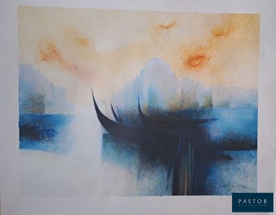 a picture of a painting of a boat in the water