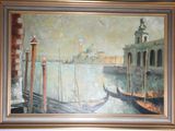 a painting of a boat in a harbor with a building in the background