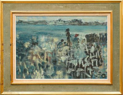 une peinture représentant un groupe de personnes sur la plage