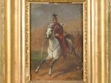 painting of a man riding a white horse in a field