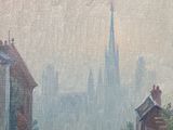 an oil painting of a street scene with a church in the background