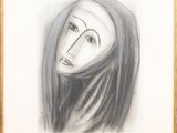 dessin représentant le visage d'une femme aux longs cheveux, dans un cadre doré