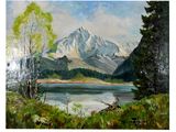 tableau représentant un paysage de montagne avec un lac au premier plan et des arbres au premier plan