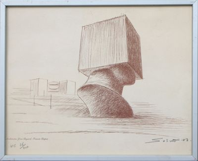 dessin au crayon représentant un homme avec une boîte sur la tête