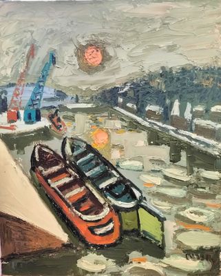 tableau représentant des bateaux amarrés dans un port par temps nuageux