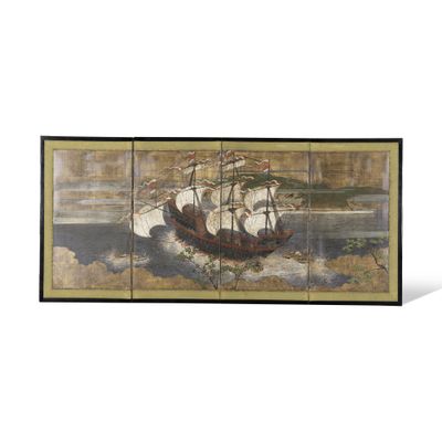 l'image d'une peinture représentant un bateau dans un plan d'eau