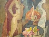un tableau représentant une femme assise à une table devant une assiette de fruits