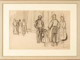 an image of a drawing of a group of people standing in front of a building