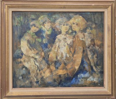 an oil painting of a group of people sitting on the ground