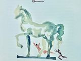 une peinture représentant un cheval et un chien sur un fond blanc