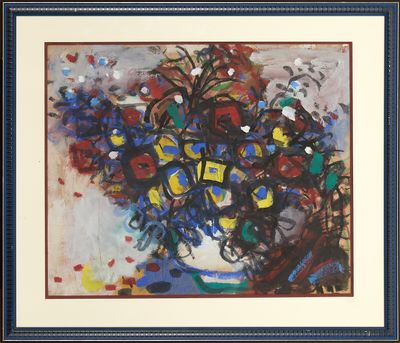 tableau encadré et monté sur passe-partout représentant un bouquet de fleurs dans un vase bleu et blanc