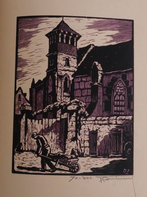 a drawing of a man pushing a wheelbarrow in front of a building