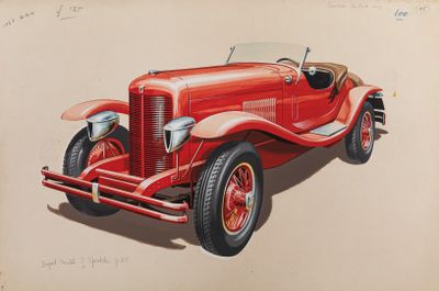 painting of an old red car on a beige background