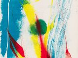 an image of a painting of a woman with red, yellow, and blue colors
