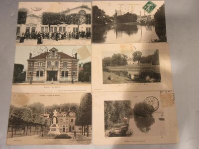 several old photos of a building with a clock on top of it
