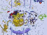 tableau représentant un léopard dans une baignoire, entouré d'autres animaux