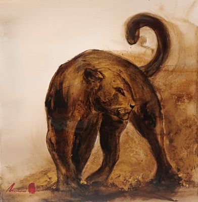un tableau représentant un chat debout dans la terre
