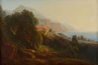 tableau représentant une vue d'une ville située sur une colline, avec un lac en arrière-plan