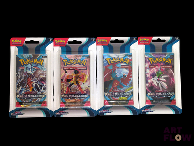 three packs of pokemon trading cards are on display on a black background