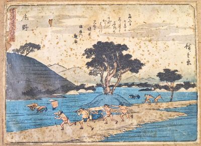 a painting of a group of people on a beach