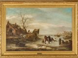 une peinture à l'huile représentant une scène hivernale avec des personnes sur une rivière gelée