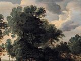 a painting of a wooded landscape with a man and a dog