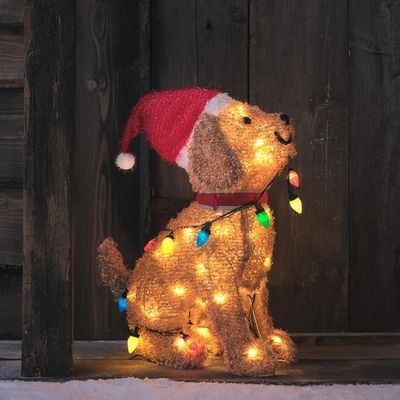 un ours en peluche portant un bonnet de Père Noël et des guirlandes lumineuses