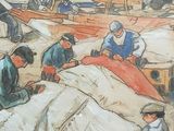 a painting of a group of men working on a boat