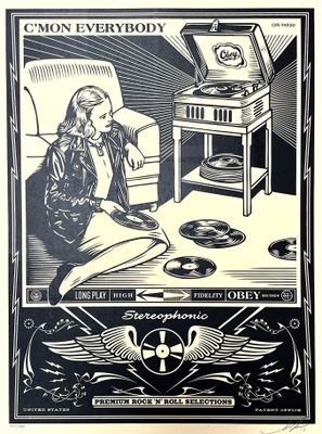 an image of a black and white drawing of a woman sitting on a couch next to a record player