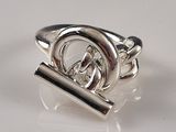 silver ring with a buckle and a chain on a white surface