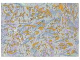 an abstract painting with gold and blue paint on a gray background