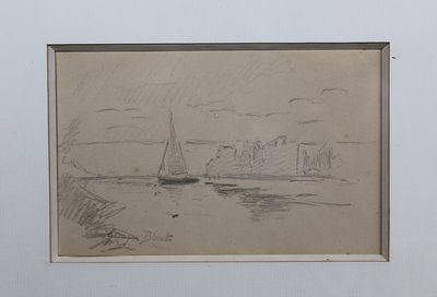 drawing of a sailboat in a body of water with a castle in the background