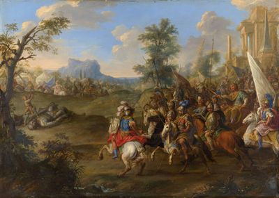 tableau représentant un grand groupe de personnes à cheval dans un champ