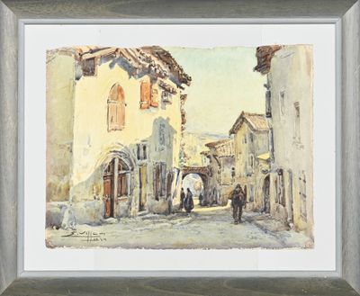 an image of a painting of a street scene with people walking down the street