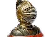 figurine en bronze représentant un chevalier en armure complète, posée sur un socle rouge