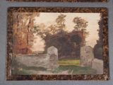 two paintings of a stone wall with trees in the background