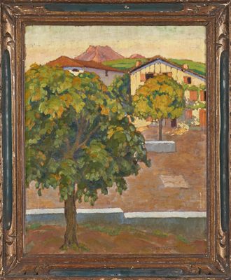 une peinture à l'huile représentant un arbre devant une maison
