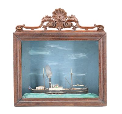 peinture représentant un bateau à vapeur, dans un cadre en bois sur fond blanc