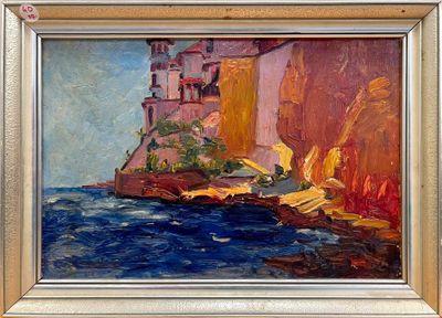 une image représentant une peinture d'une falaise avec un bateau dans l'eau