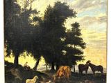 painting of a group of cattle grazing in a field with trees in the background