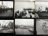 several black and white photographs of people standing on a dock