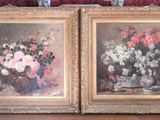 two paintings of flowers in a vase on a table
